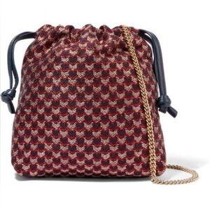 Clare V. Maison Leather-Trimmed Metallic Jacquard Pouch Red Blue Gold Drawstring